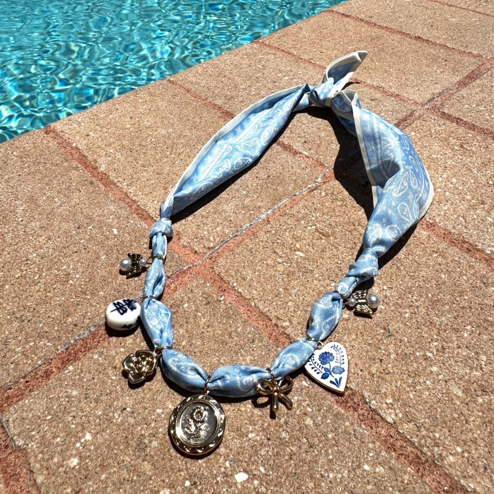 Blue Patterned Scarf Necklace with Charms
